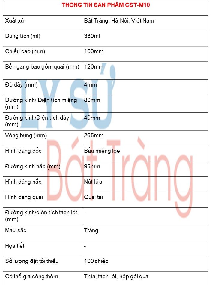 Bảng thông số kỹ thuật của sản phẩm ly sứ tại Xưởng gốm việt