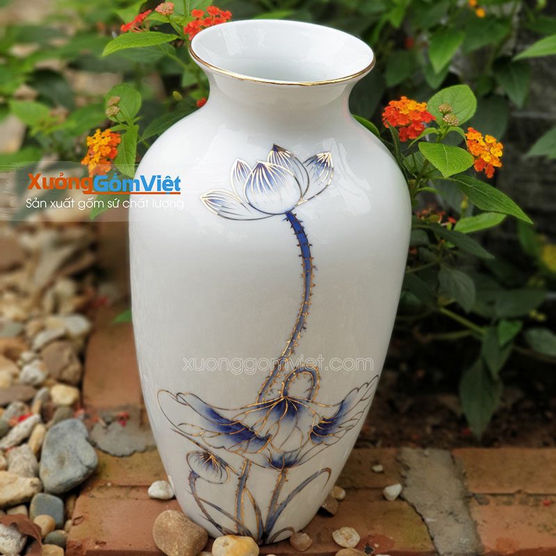 Bình hoa chỉ vàng sứ trắng Bát Tràng