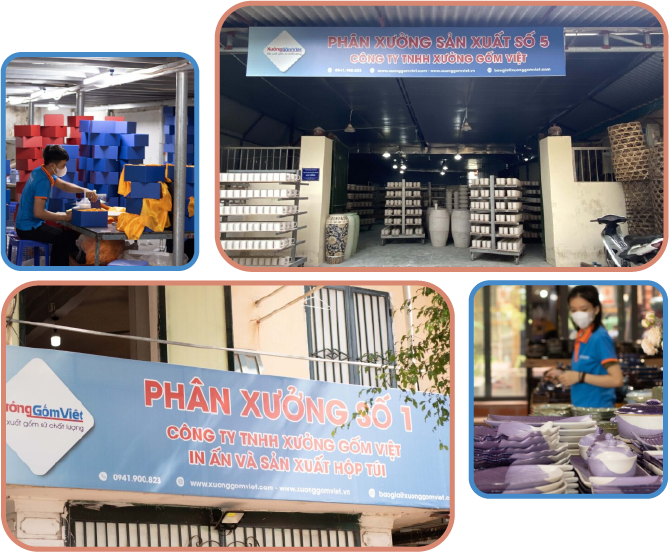Cụm hình ảnh sản phẩm và xưởng sản xuất của Xưởng Gốm Việt