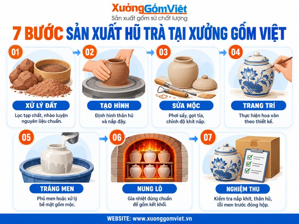 Quy trình sản xuất hũ đựng trà Bát Tràng tại xưởng