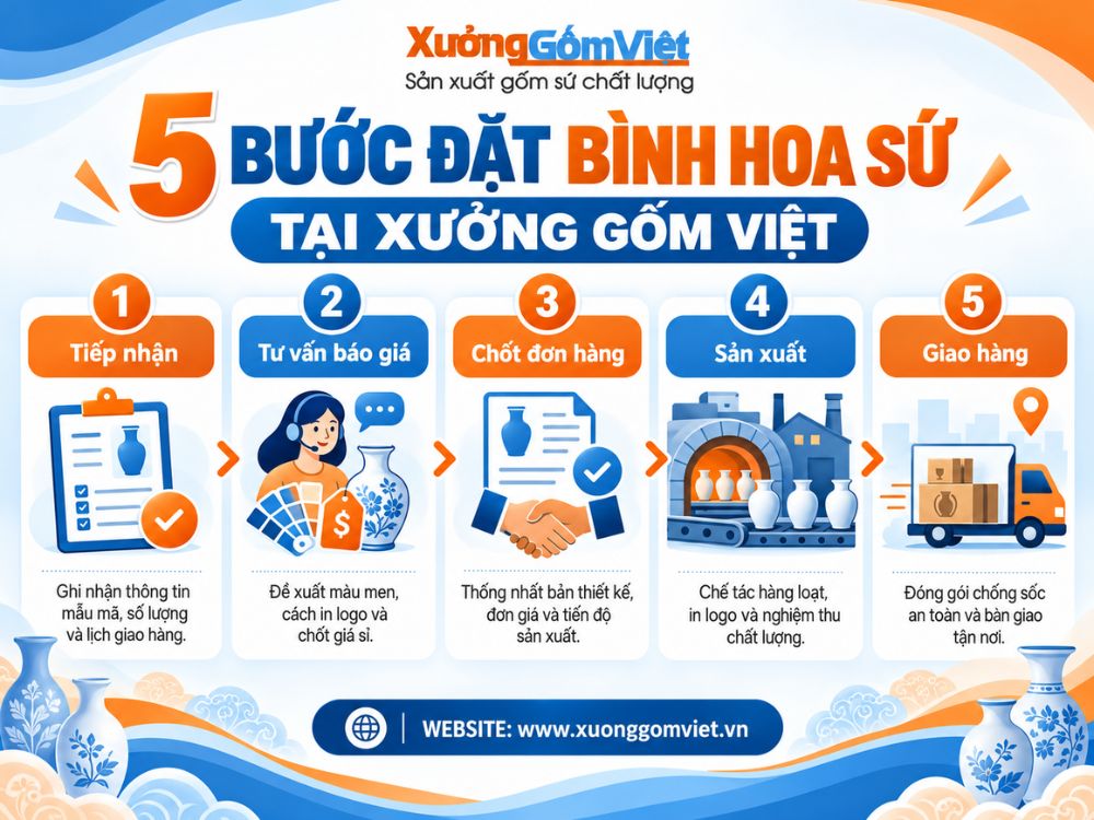 Quy trình đặt sản xuất bình hoa sứ theo yêu cầu tại Xưởng Gốm Việt