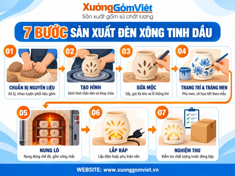 Quy trình sản xuất đèn xông tinh dầu gốm sứ tại Xưởng Gốm Việt