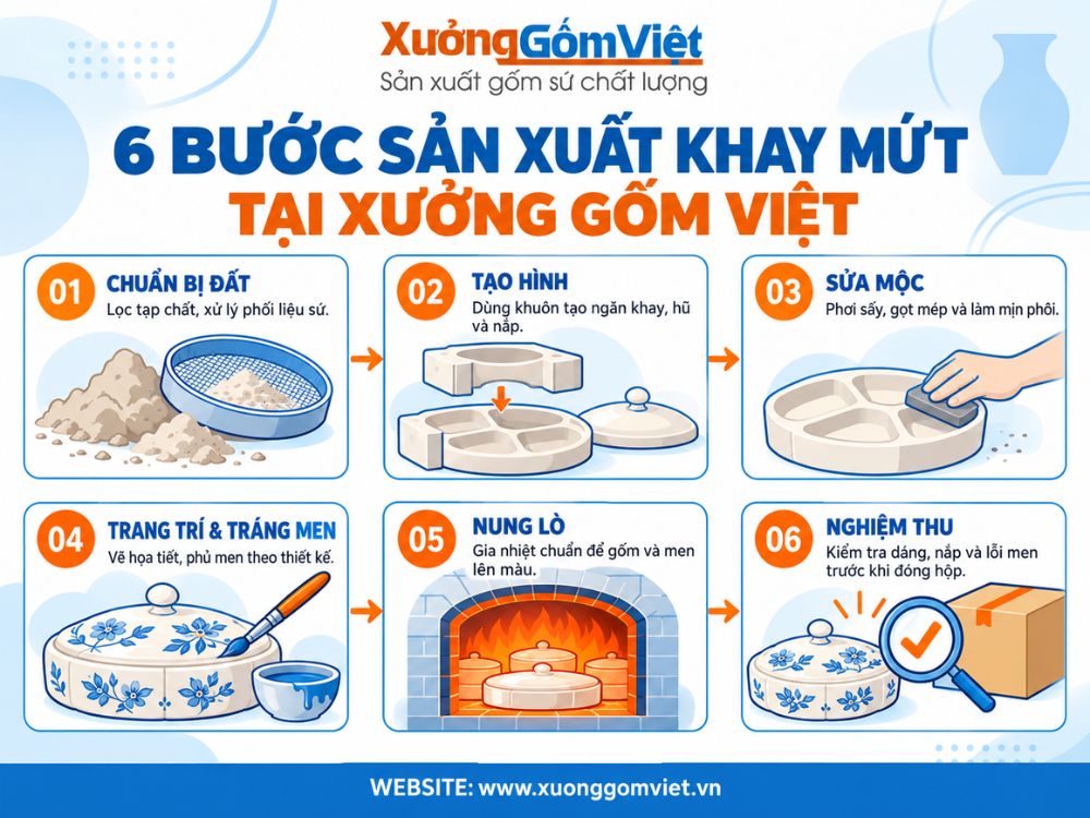 Quy trình tạo hình và hoàn thiện khay mứt sứ Bát Tràng tại xưởng