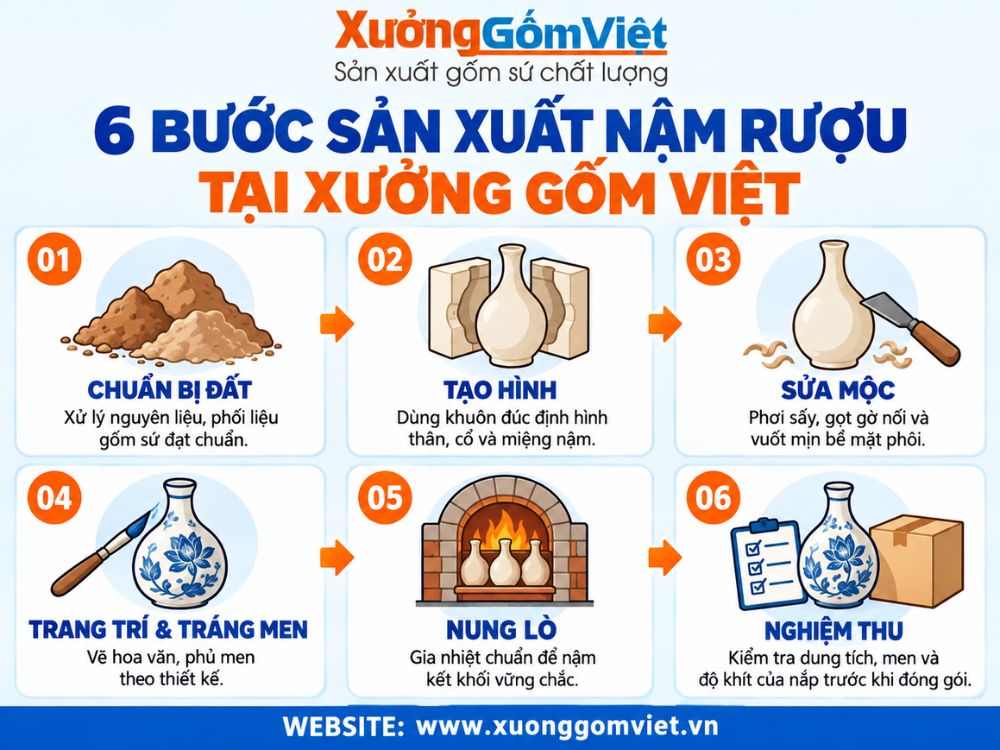 6 bước sản xuất nậm rượu tại xưởng