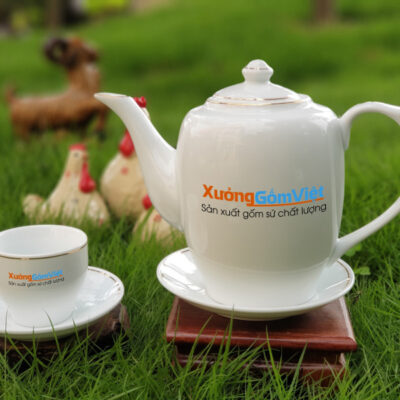 Bộ trà sứ trắng cao chỉ vàng AT-18
