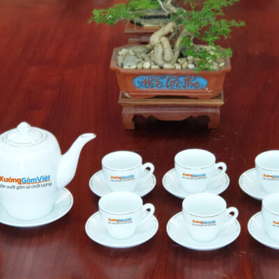 Bộ trà sứ trắng cao chỉ vàng AT-18