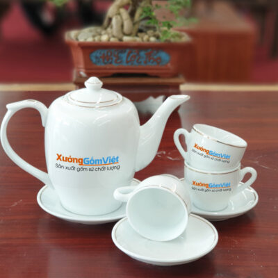 Bộ trà sứ trắng cao chỉ vàng AT-18