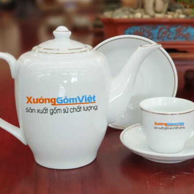 Bộ trà sứ trắng cao chỉ vàng AT-18