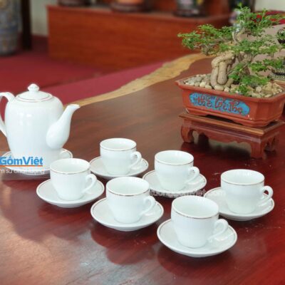 Bộ trà sứ trắng cao chỉ vàng