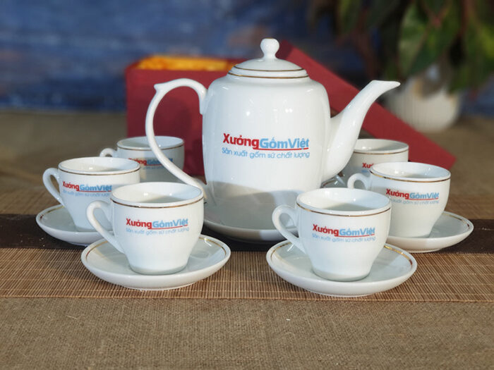 Bộ trà sứ trắng cao chỉ vàng