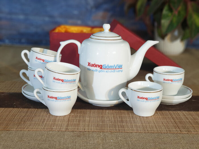 Bộ trà sứ trắng cao chỉ vàng