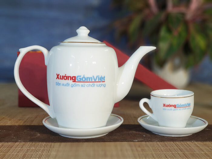 bộ ấm trà trắng cao , in logo