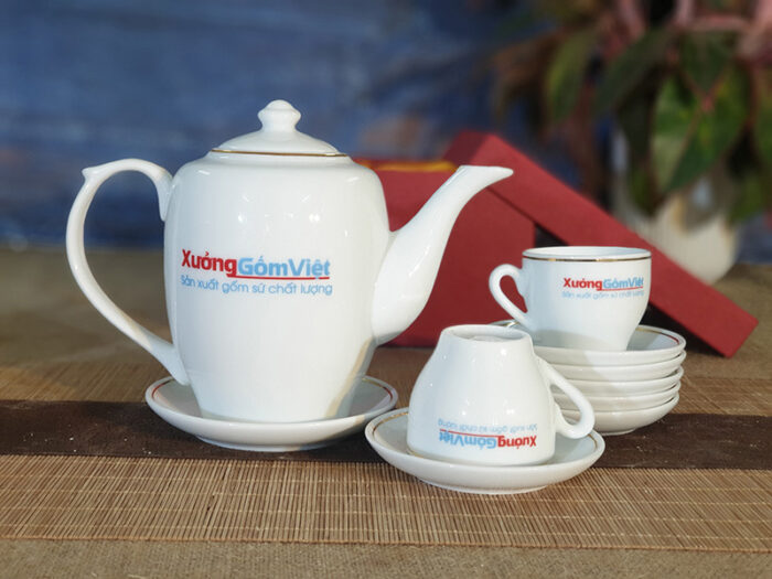 Bộ trà sứ trắng cao chỉ vàng
