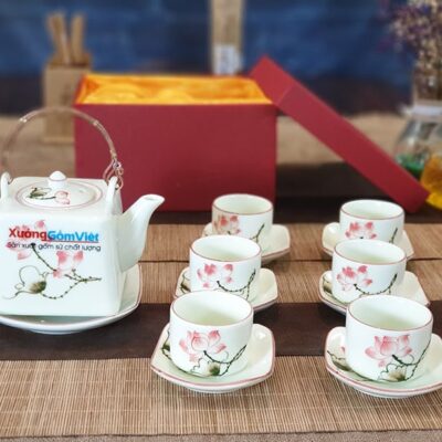 Bộ trà vuông vẽ sen đỏ ATV-01