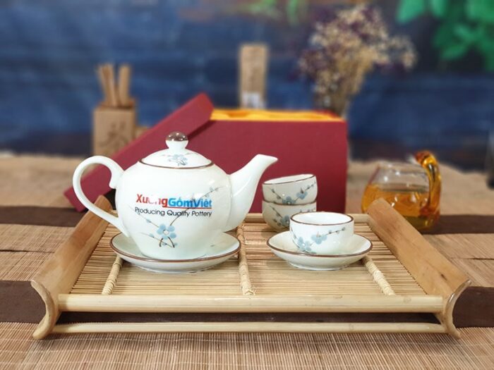 Bộ trà sứ thấp vẽ đào xanh ATV-13