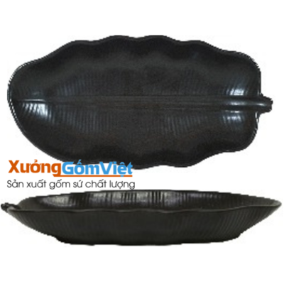 10014 - Đĩa lá chuối màu men đen kích thước lớn