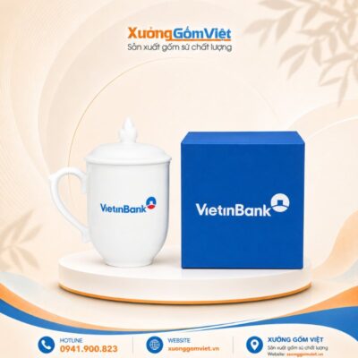 Cốc sứ in logo VietinBank dáng bầu có nắp màu trắng Bát Tràng M181