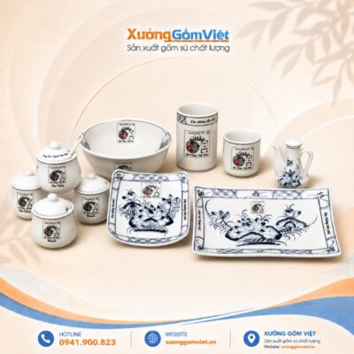 Bộ tô đĩa in logo Phở gia truyền 1954 họa tiết hoa sen men đen Bát Tràng BĐ-25