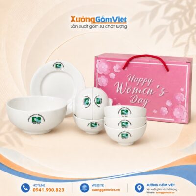 Bộ bát đĩa sứ trắng in logo Công Đoàn CTY ESPRINTA (VN) Bát Tràng BĐ-15