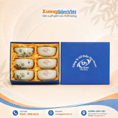 Bộ 6 bát cơm in logo Công ty Cổ Phần The Heart họa tiết chuồn trúc Bát Tràng BĐ-10
