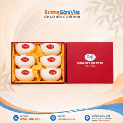 Bộ bát đĩa sứ trắng in logo Richy "CĐ Công ty CPTP Richy Miền Bắc" Bát Tràng BĐ-16
