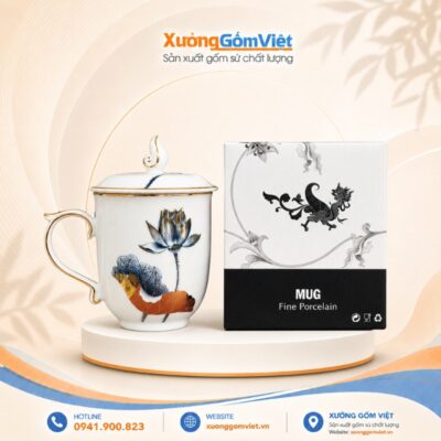 Ly sứ in logo VNMAC dáng bầu có nắp màu trắng họa tiết sen xanh viền kim M153