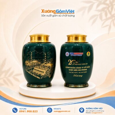 Hũ đựng trà in logo Kỷ niệm thành lập công đoàn công ty dáng trụ cao men xanh lá HTLG-03