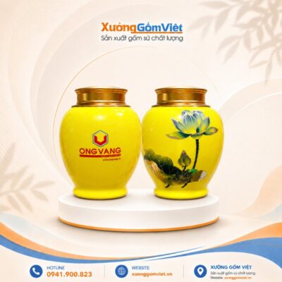 Hũ đựng trà in logo Ong vàng dáng bầu men vàng họa tiết hoa sen vẽ vàng kim Bát Tràng HTLG-04