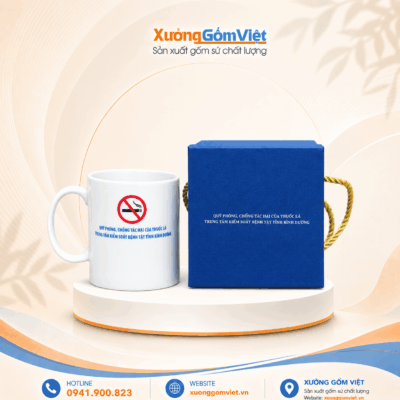 Ly sứ in logo phòng chống tác hại của thuốc lá dáng trụ cao có quai màu trắng M168
