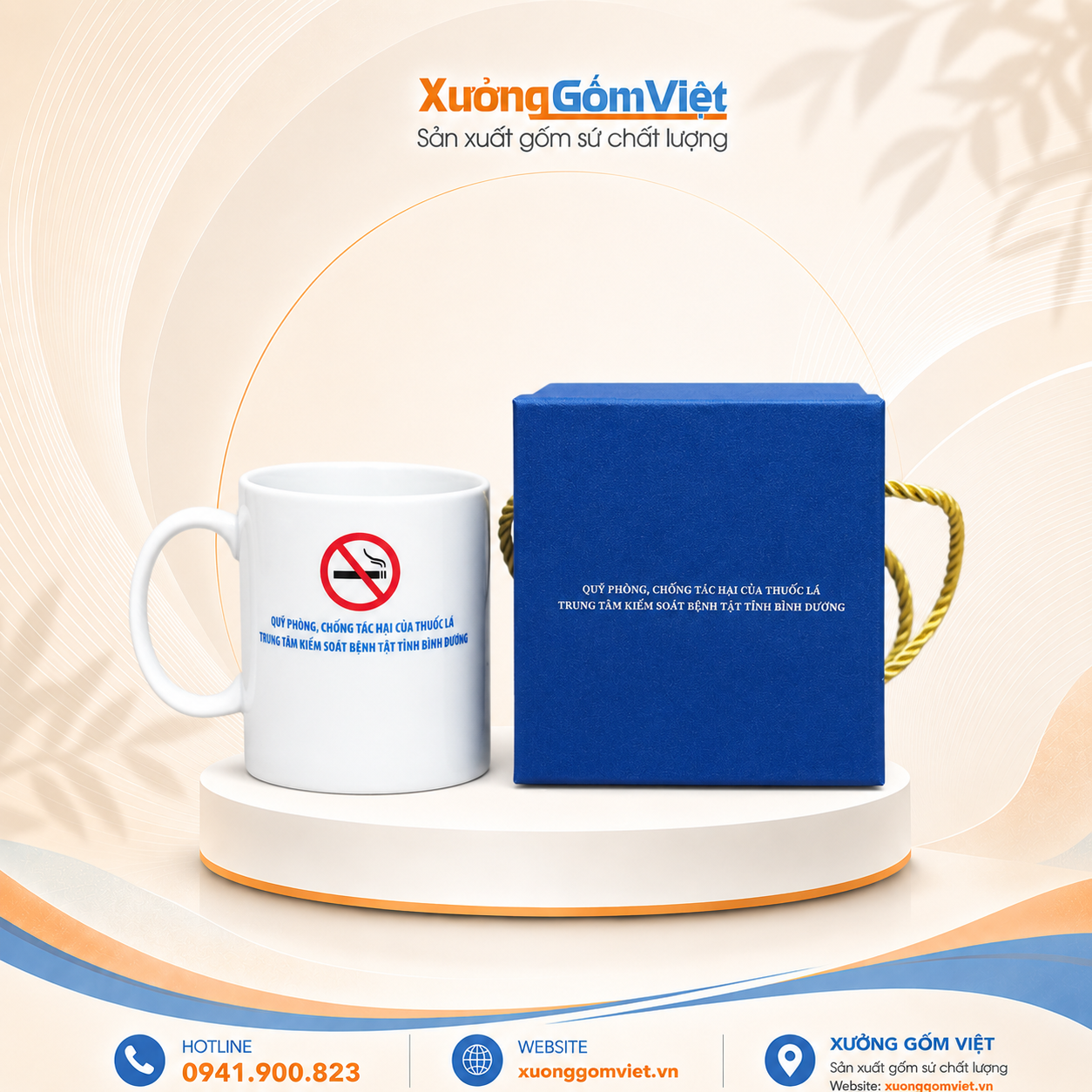 Ly sứ in logo phòng chống tác hại của thuốc lá dáng trụ cao có quai màu trắng M168