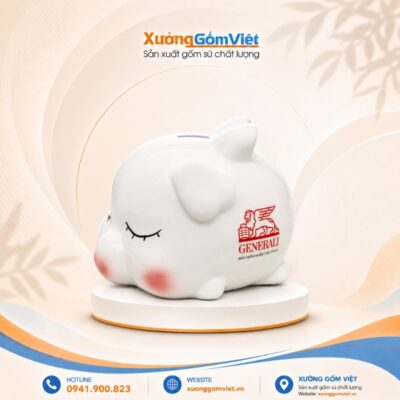 Heo đất tiết kiệm in logo Generali dáng nằm ngủ màu trắng Bát Tràng HĐ-10