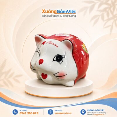 Heo đất tiết kiệm in logo MAXCORE dáng tròn màu đỏ Bát Tràng HĐ-11