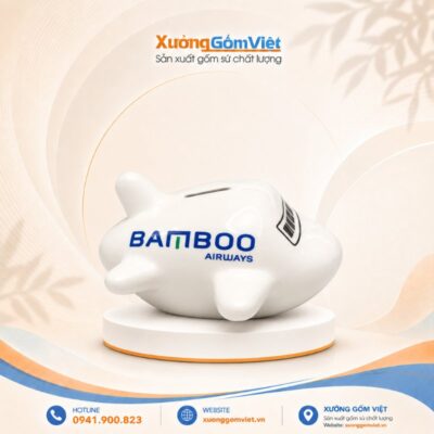 Ống tiết kiệm máy bay in logo BAMBOO AIRWAYS màu trắng Bát Tràng HĐ-12